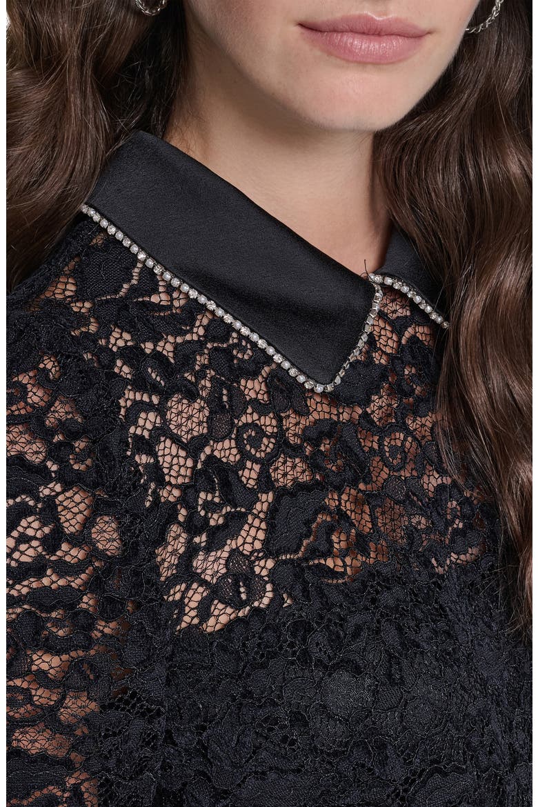 Crystal Collar Detail Lace A-Line Minidress, Alternate, color, BLACK