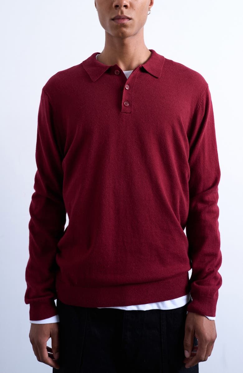 Topman Long Sleeve Cotton & Wool Polo Sweater, Alternate, color, Burgundy