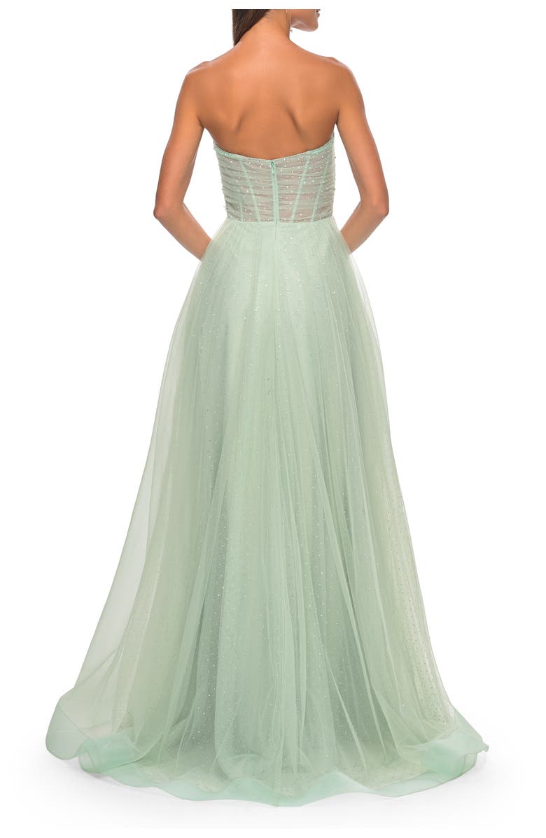 La Femme Sweetheart Tulle and Rhinestone Prom Dress with Illusion Detail, Alternate, color, Sage