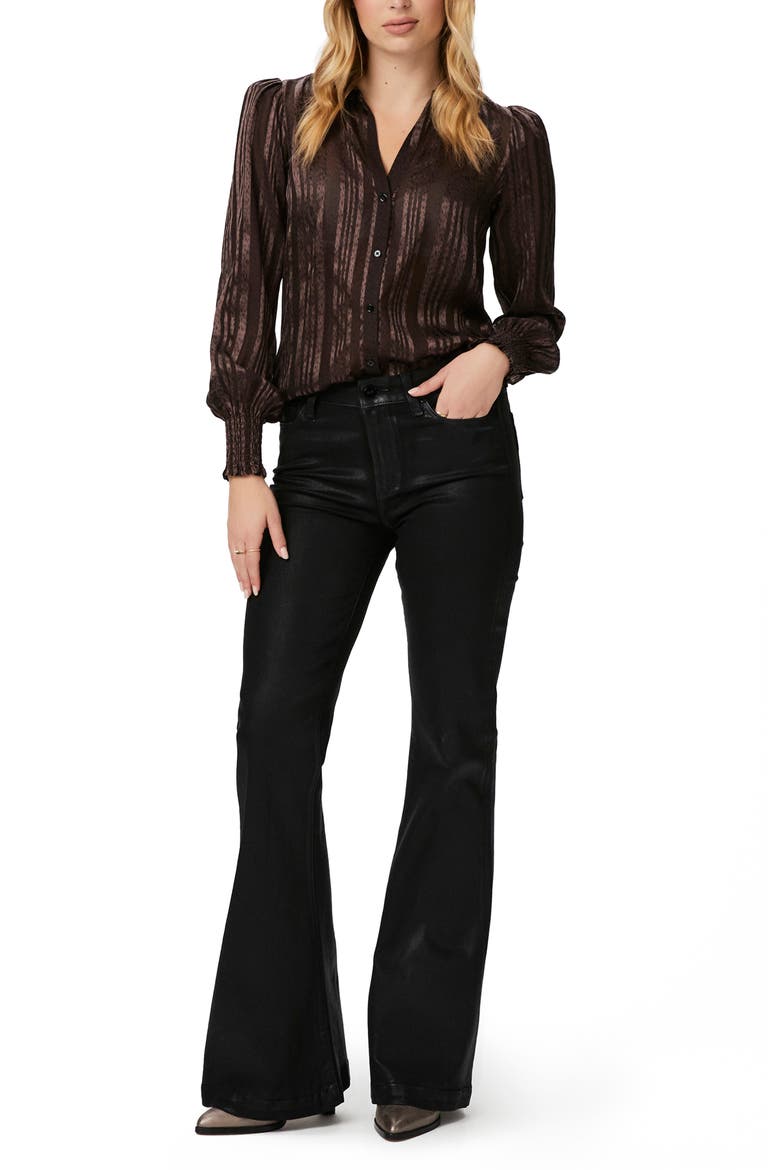 Kaitlin Stripe Balloon Sleeve Silk Button-Up Shirt, Alternate, color, CACAO