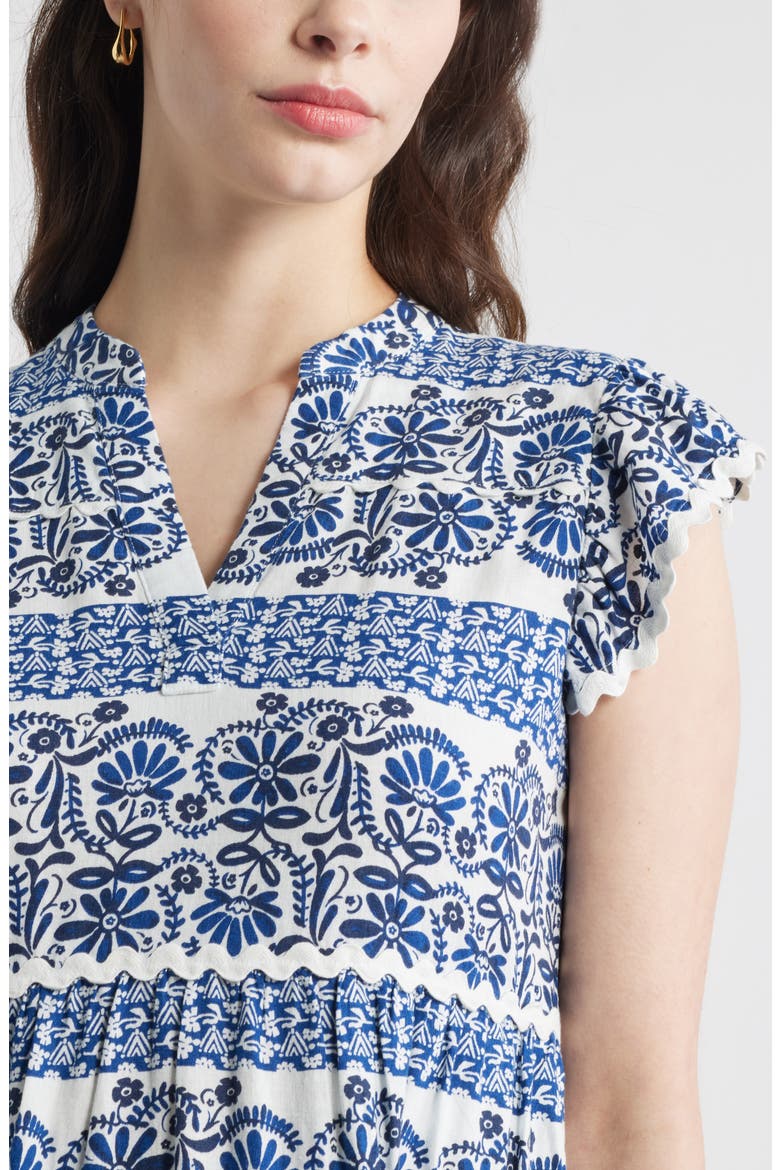Ruffle Trim Linen Blend Shift Dress, Alternate, color, IVORY- BLUE NAVY BORDER BLOOM
