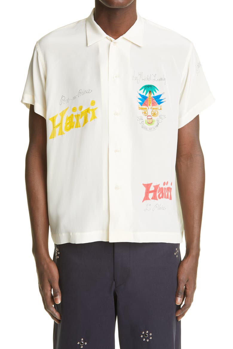 x Marcus Paul Haiti Hand Painted Short Sleeve Silk Button-Up Shirt (Nordstrom Exclusive), Alternate, color, ECRU