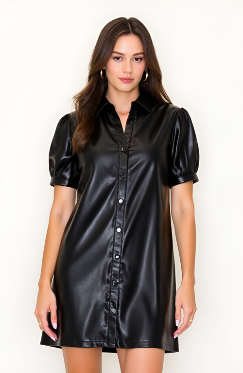 Modenaire Faux Leather Shirt Dress With Puff Sleeves And Button Front In Black