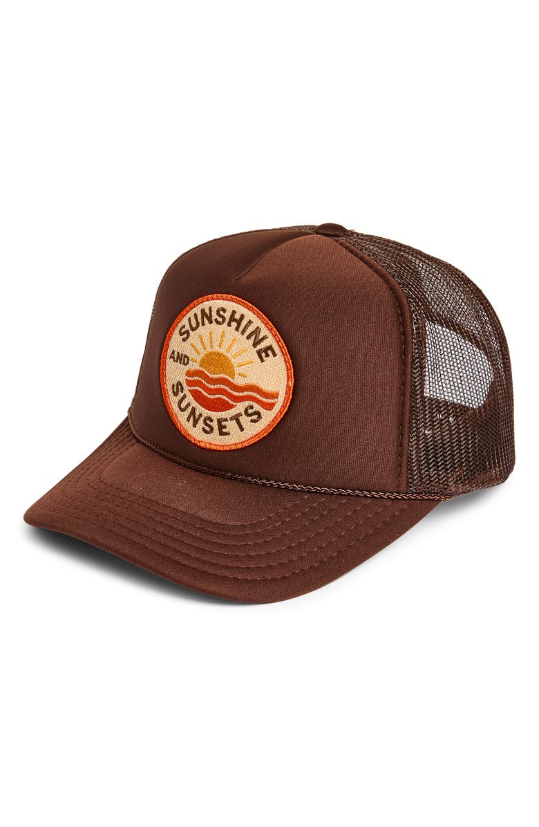Friday Feelin’ Sunshine & Sunsets Trucker Hat, Main, color, Brown