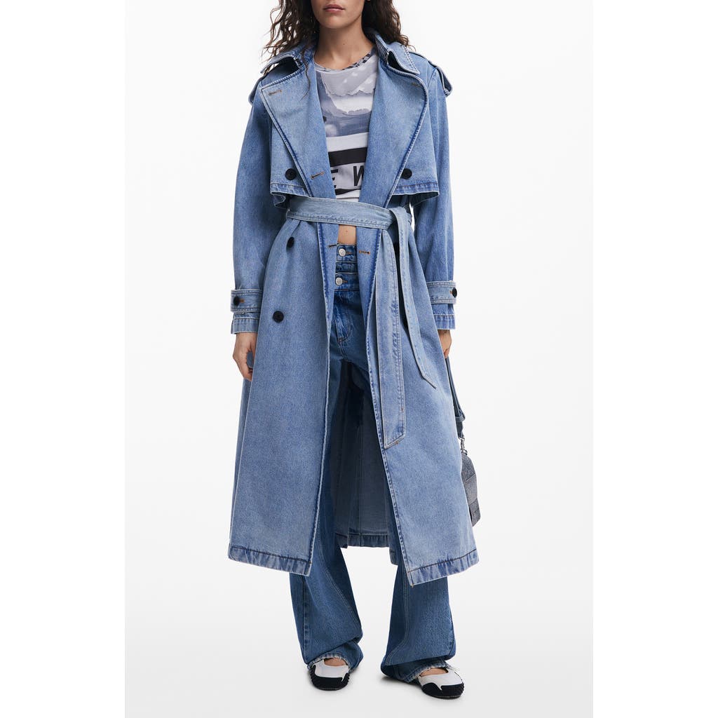 Desigual Denim Trench Coat With Belt In Blue