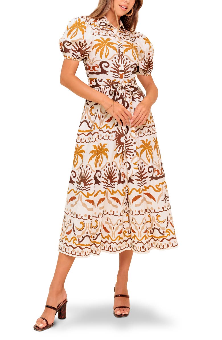 FLYING TOMATO Tropical Print Midi Dress, Main, color, Ivory Brown