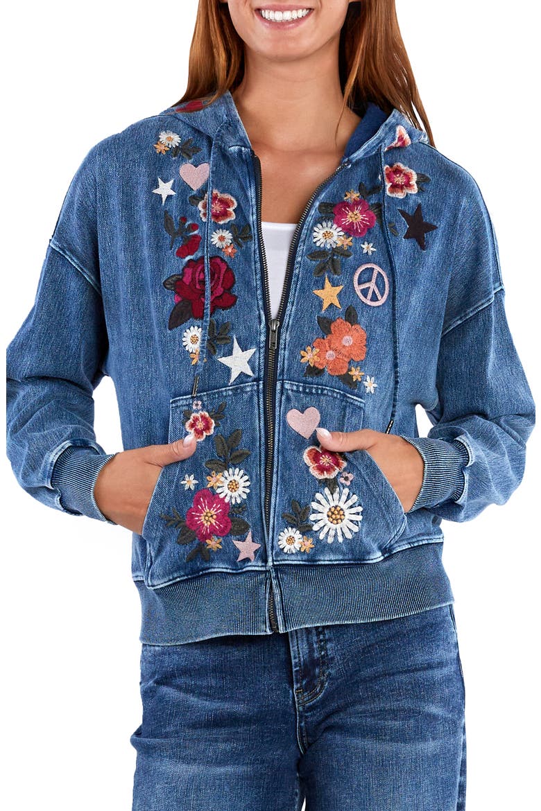 Camp Peace Floral Embroidered Denim Hoodie, Main, color, DENIM
