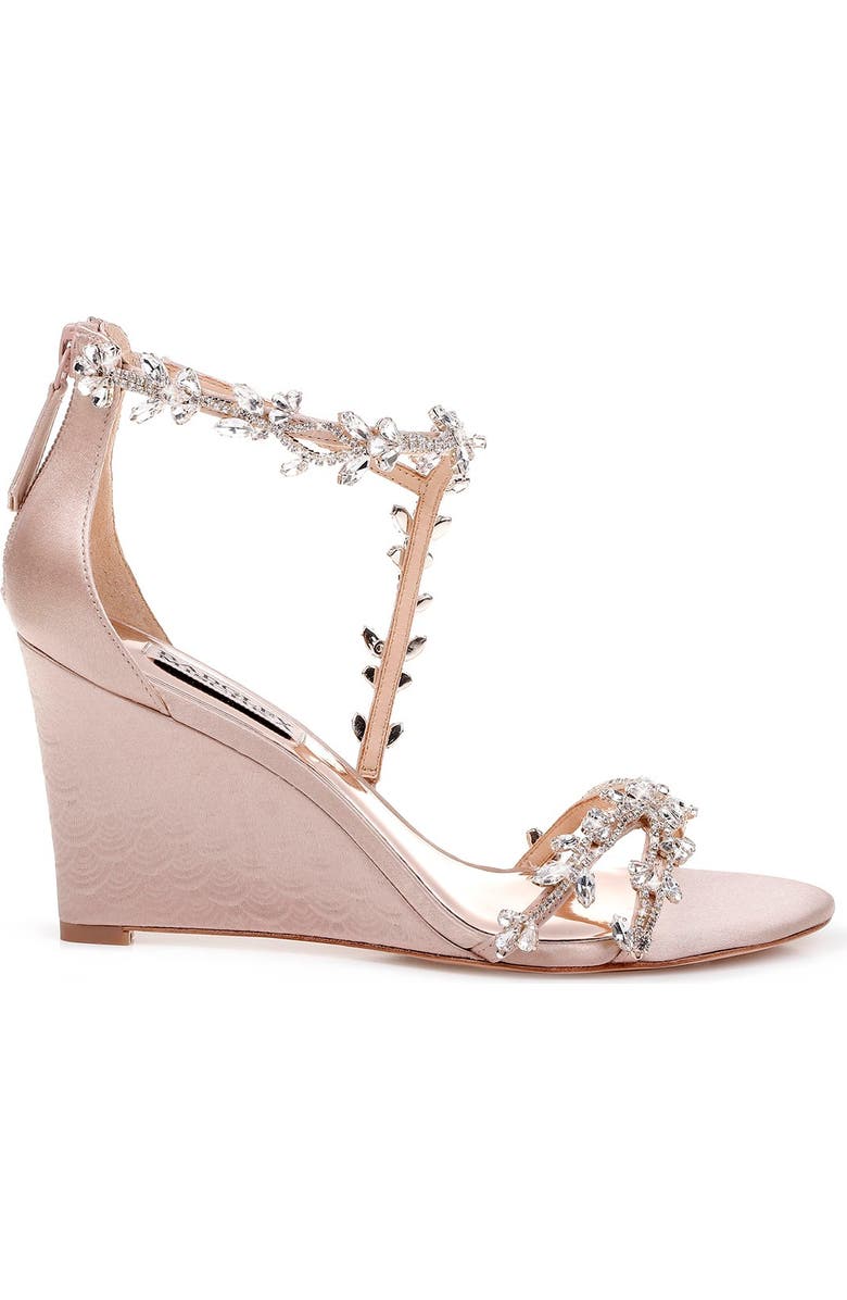 Badgley Mischka Collection Feather Crystal Embellished Wedge Sandal, Alternate, color,