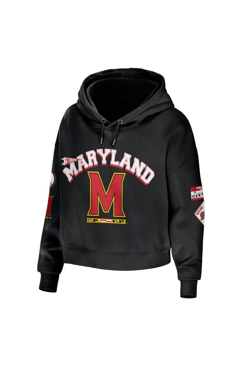 Women's WEAR by Erin Andrews Black Maryland Terrapins Mixed Media Cropped Pullover Hoodie, Alternate, color, Black
