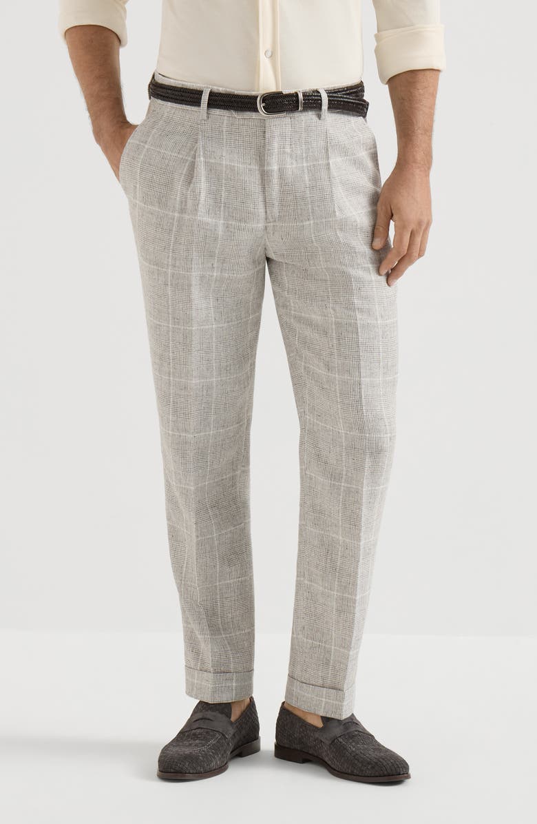 Brunello Cucinelli Linen Prince of Wales trousers with pleat, Main, color, Panama