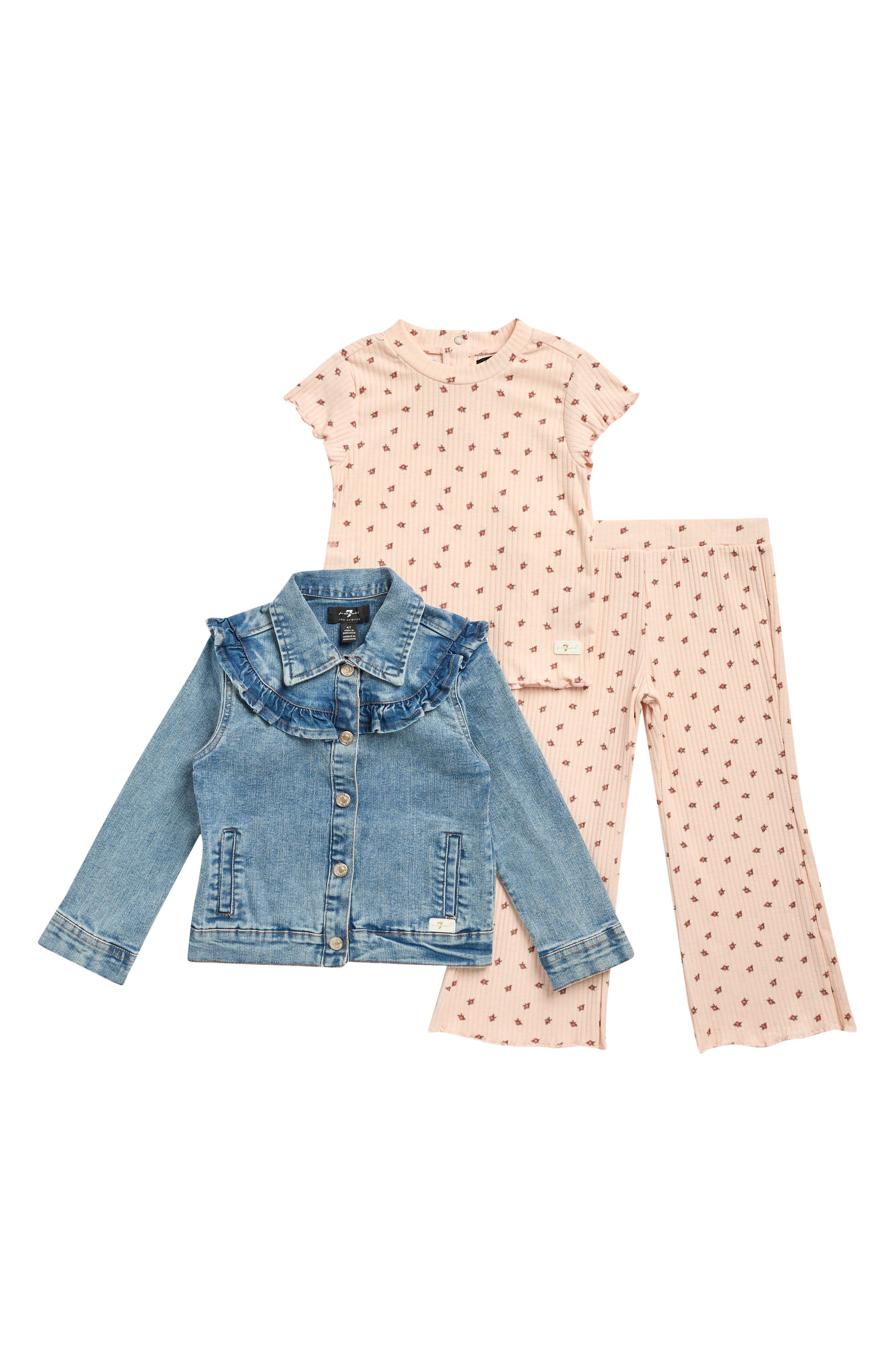 Kids' Ruffle Denim Jacket, Floral Rib T-Shirt & Leggings Set