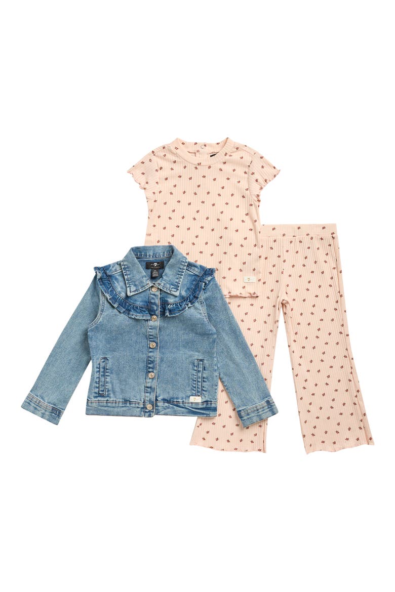 Kids' Ruffle Denim Jacket, Floral Rib T-Shirt & Leggings Set, Main, color, PINK MIST