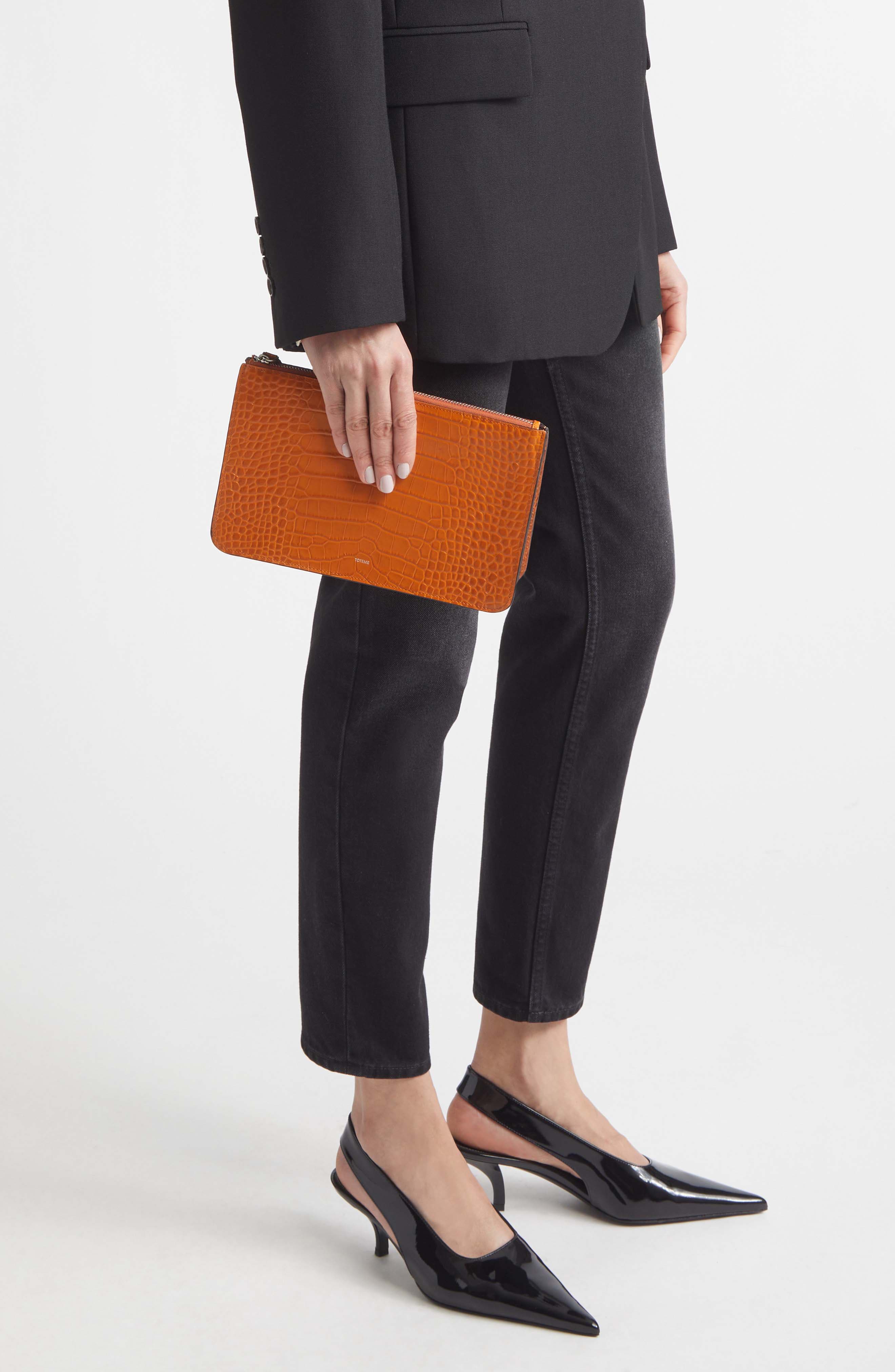 Threefold Croc Embossed Leather Clutch, Alternate, color, TANGERINE