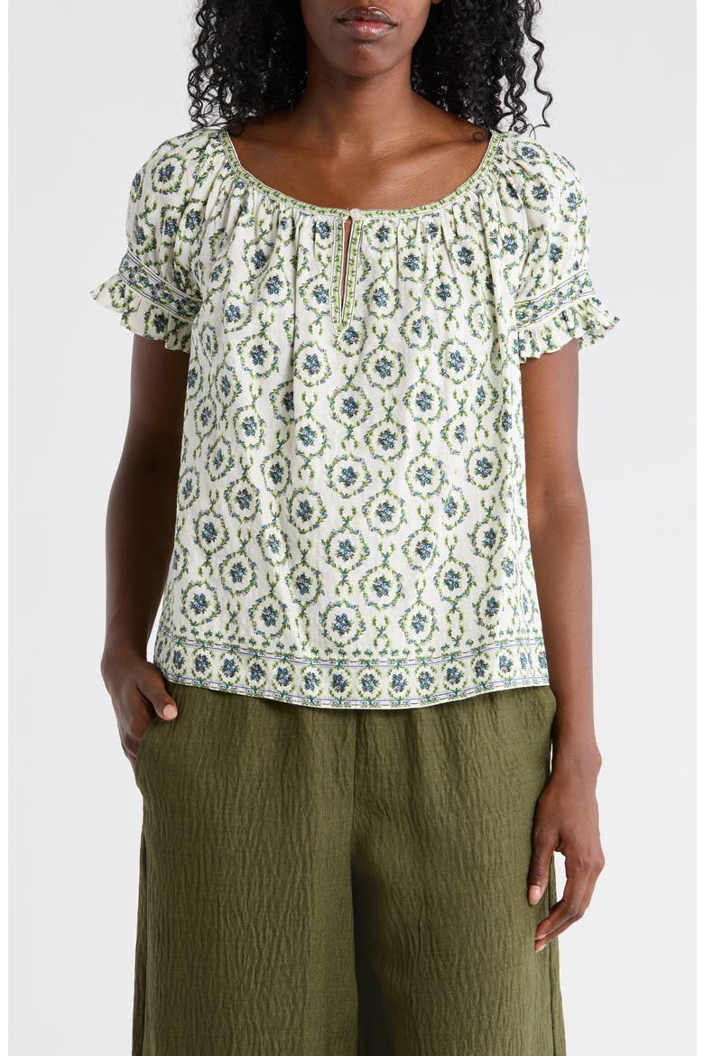 Split Neck Ruffle Sleeve Top, Main, color, CRM/ BLUEHORSESHOE WREATH