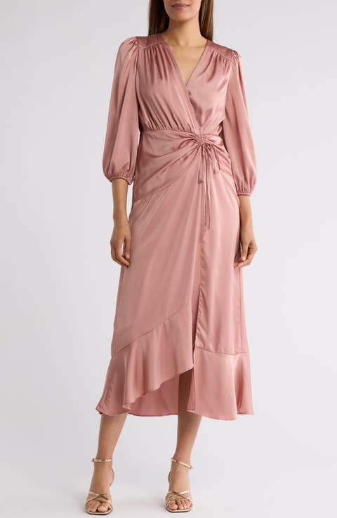 Three-Quarter Sleeve Faux Wrap Midi Dress
