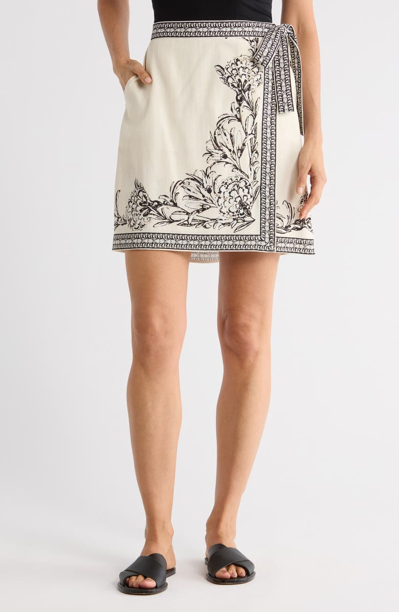 MAX STUDIO Embroidered Border Print Wrap Miniskirt, Main, color, Ivory/ Dust Climbing Dahlias