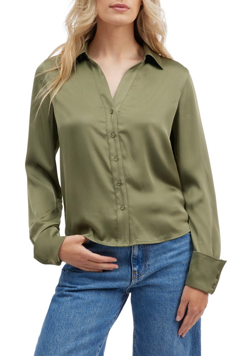 Satin Button-Up Shirt, Main, color, OLIVE