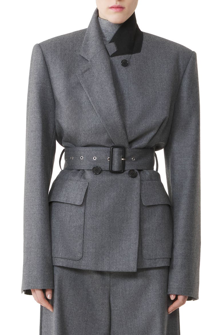 Belted Jacket In Wool Flannel, Alternate, color, Heather Grey