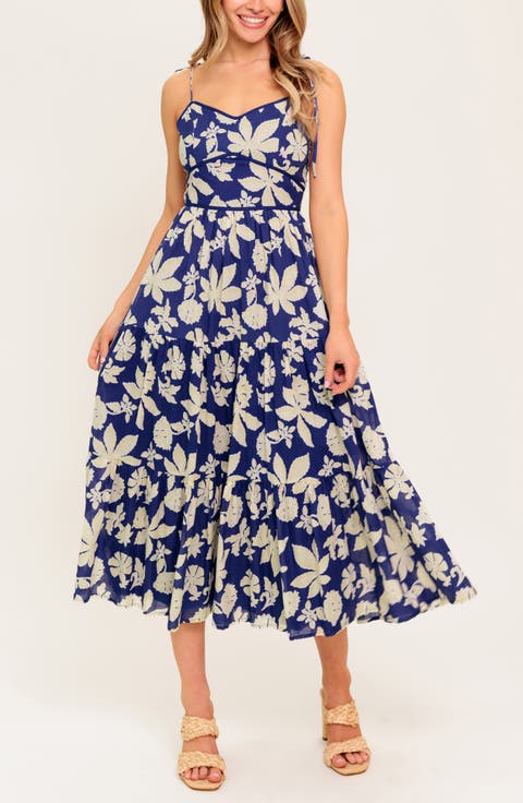 Floral Tie Strap Tiered Cotton Midi Sundress