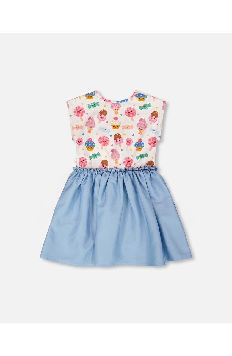 Deux par Deux Bi-Material Soft Jersey Short Sleeve Candy Dress, Alternate, color, White Printed With Candies