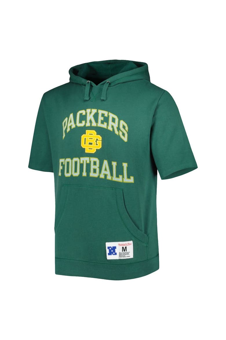 Men's Mitchell & Ness Green Green Bay Packers Washed Short Sleeve Pullover Hoodie, Alternate, color, Green