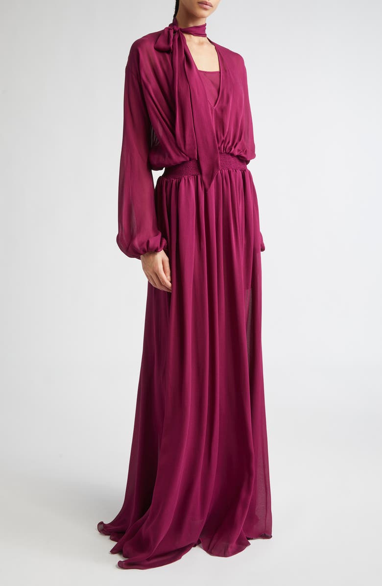 Giambattista Valli Tie Neck Long Sleeve Silk Chiffon Dress, Main, color, Violet