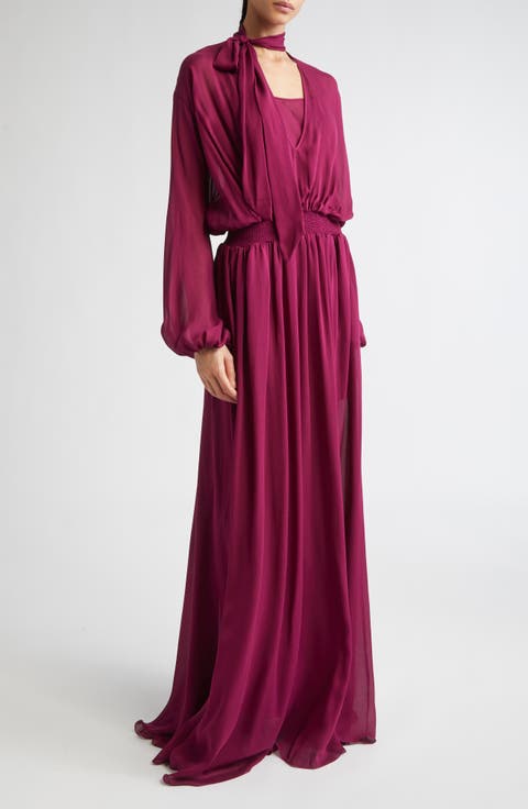 Tie Neck Long Sleeve Silk Chiffon Dress