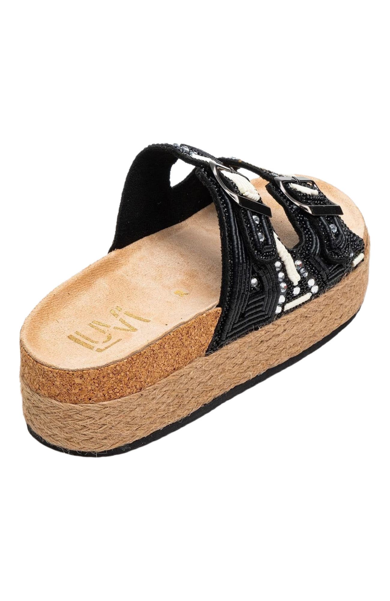 Prologue Shoes Bobby Beaded Straw Platform Slide Sandal, Alternate, color, Black Faux Leather