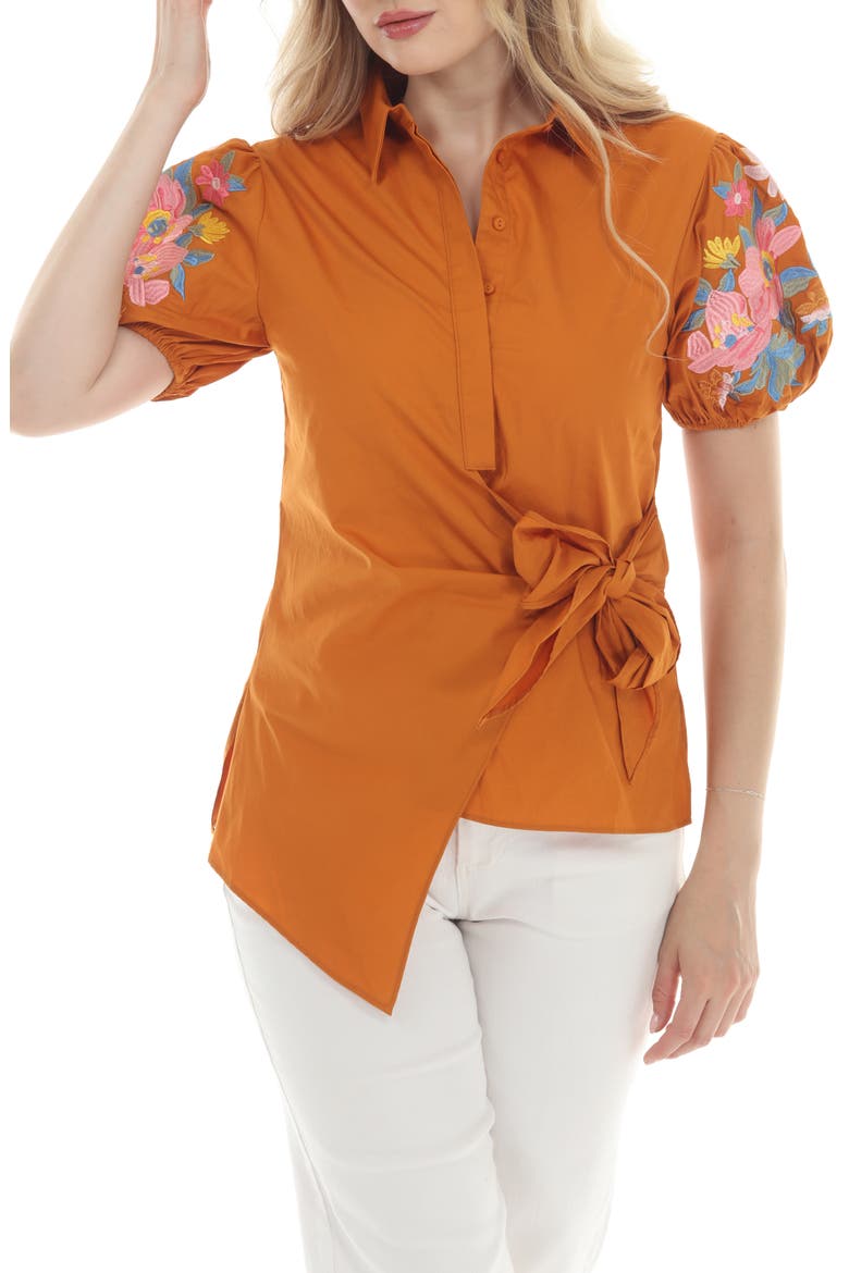Embroidered Puff Sleeve Tie Waist Top, Main, color, ORANGE