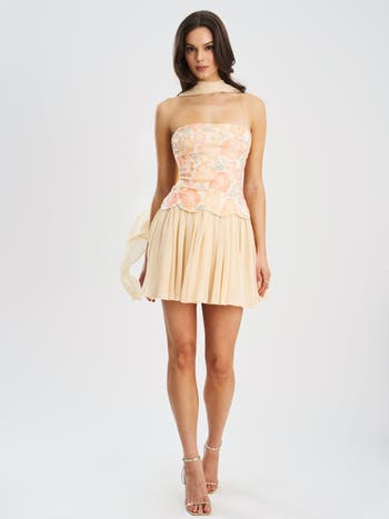 Quanisha Beaded Floral Mini Chiffon Dress with Scarf