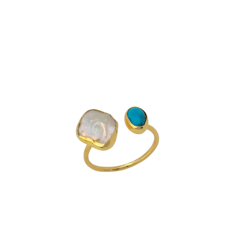 Spero London Double Natural Gemstone Adjustable Sterling Silver Turquoise Ring In Gold
