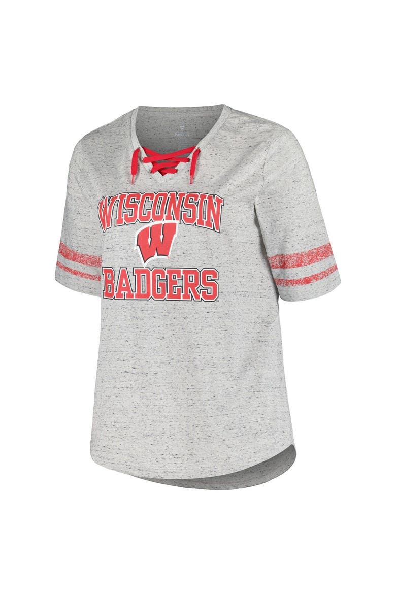 Women's Profile Heather Gray Wisconsin Badgers Plus Size Striped Lace-Up V-Neck T-Shirt, Alternate, color, Heather Gray
