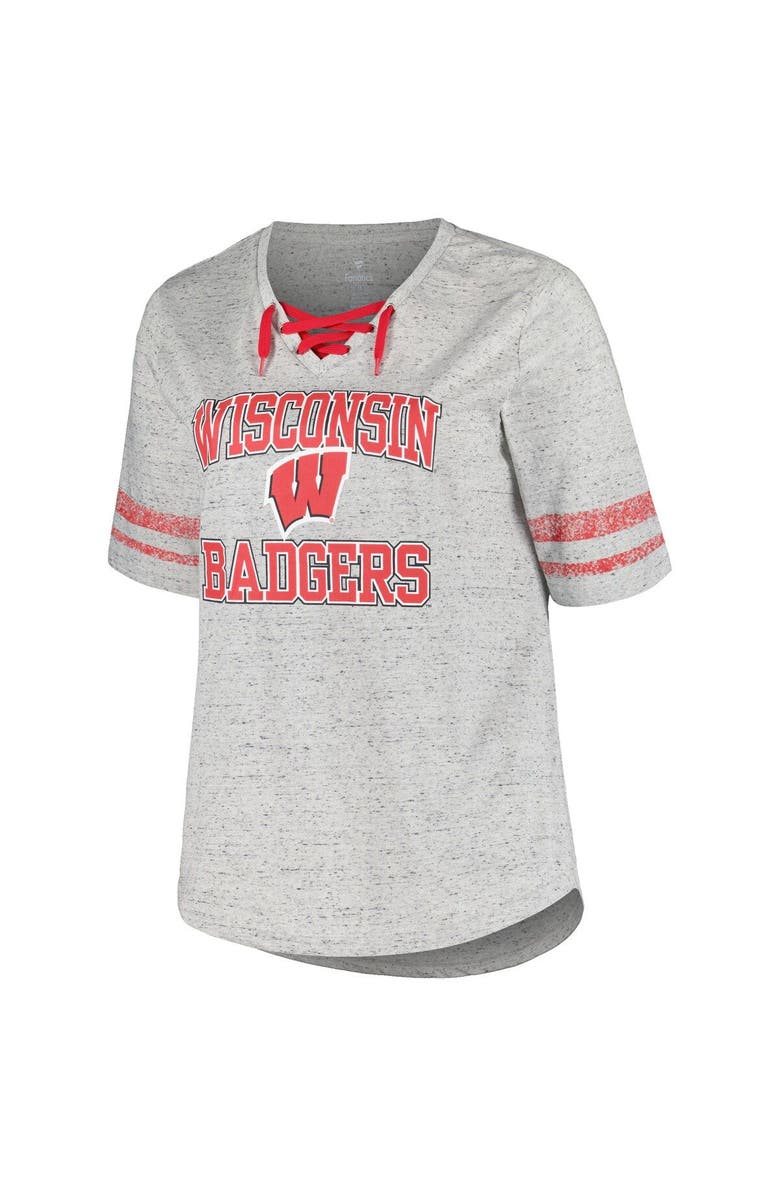 PROFILE Women's Profile Heather Gray Wisconsin Badgers Plus Size Striped Lace-Up V-Neck T-Shirt, Alternate, color,