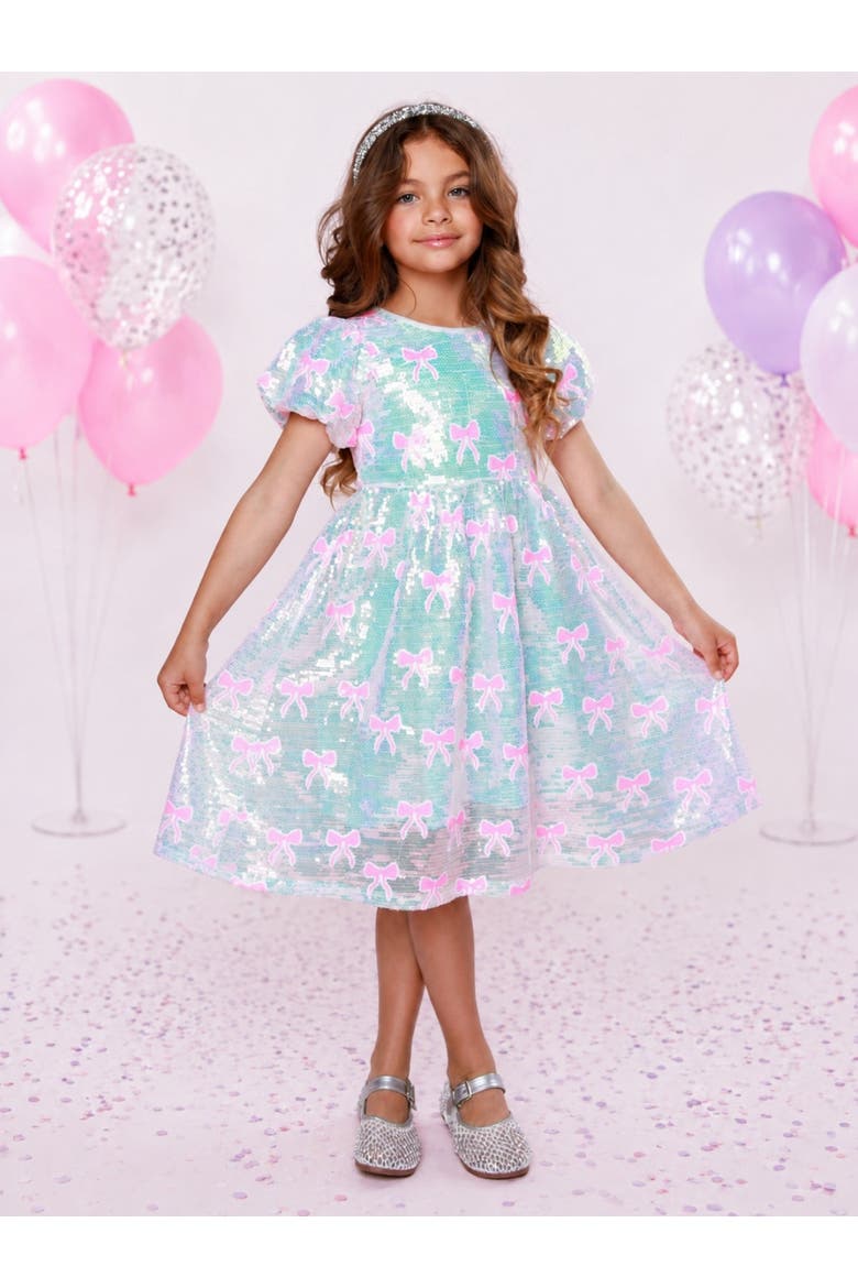 Sweet Sparkle Bow Sequin Puff Sleeve Dress, Alternate, color, White
