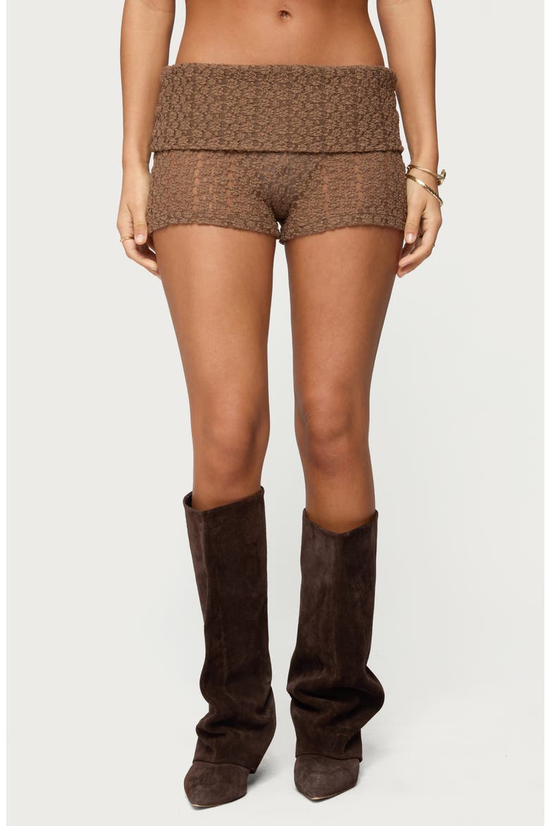 Rye Sheer Texture Foldover Shorts, Main, color, BROWN