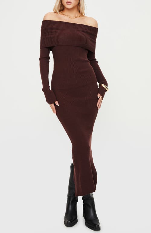 Princess Polly Phylis Off The Shoulder Long Sleeve Rib Maxi Dress In Brown