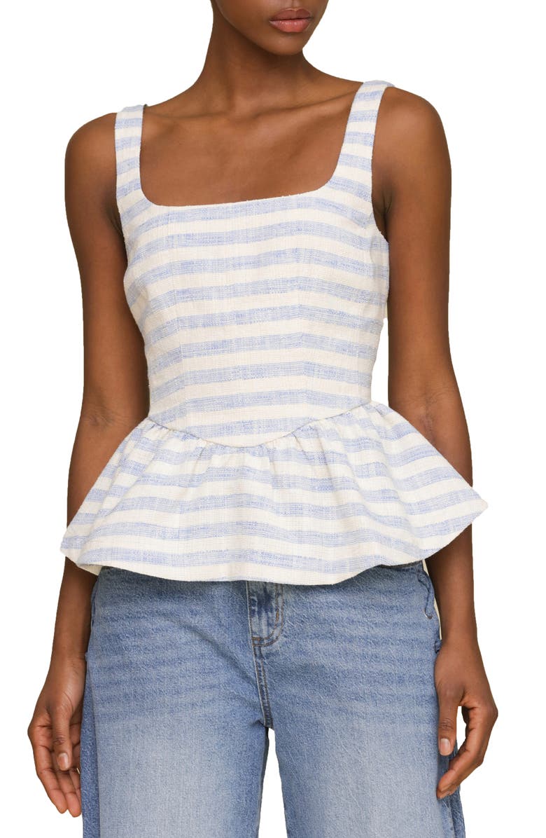 Avec Les Filles Stripe Peplum Cotton Blend Top, Main, color, Blue Cream