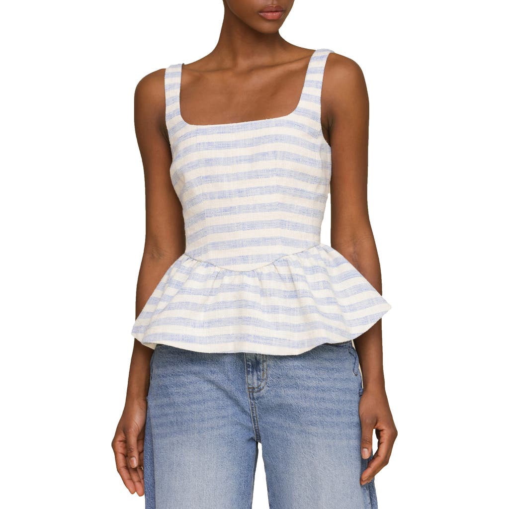 Avec Les Filles Stripe Peplum Cotton Blend Top In Blue Cream