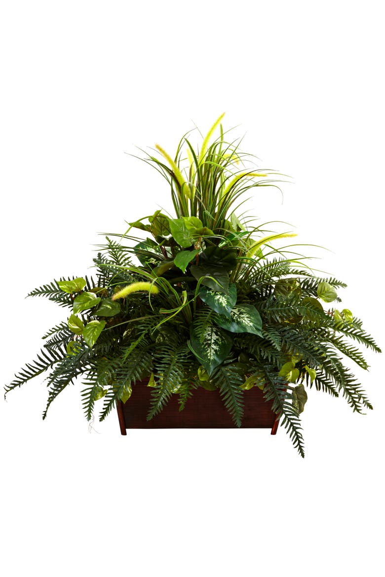 Mixed Grass & River Fern with Wood Planter, Main, color, Green