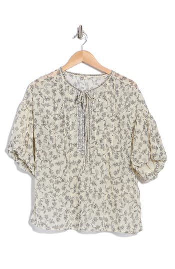 Max Studio Puff Sleeve Pintuck Top In Cream/black