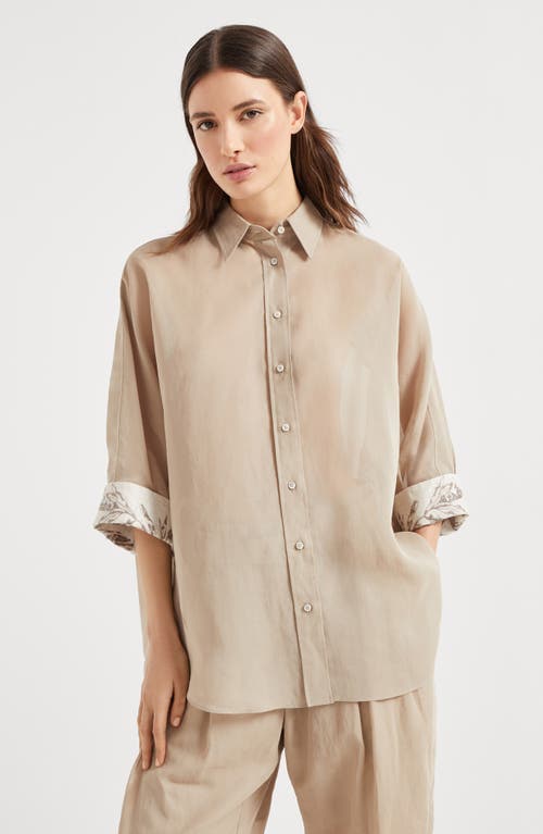 Brunello Cucinelli Women Cotton Organza Shirt With Glistening Flora Embroidery In Beige