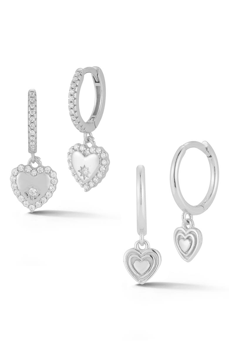 GLAZE JEWELRY CZ Heart Dangle Huggie Earrings Set, Main, color, Silver