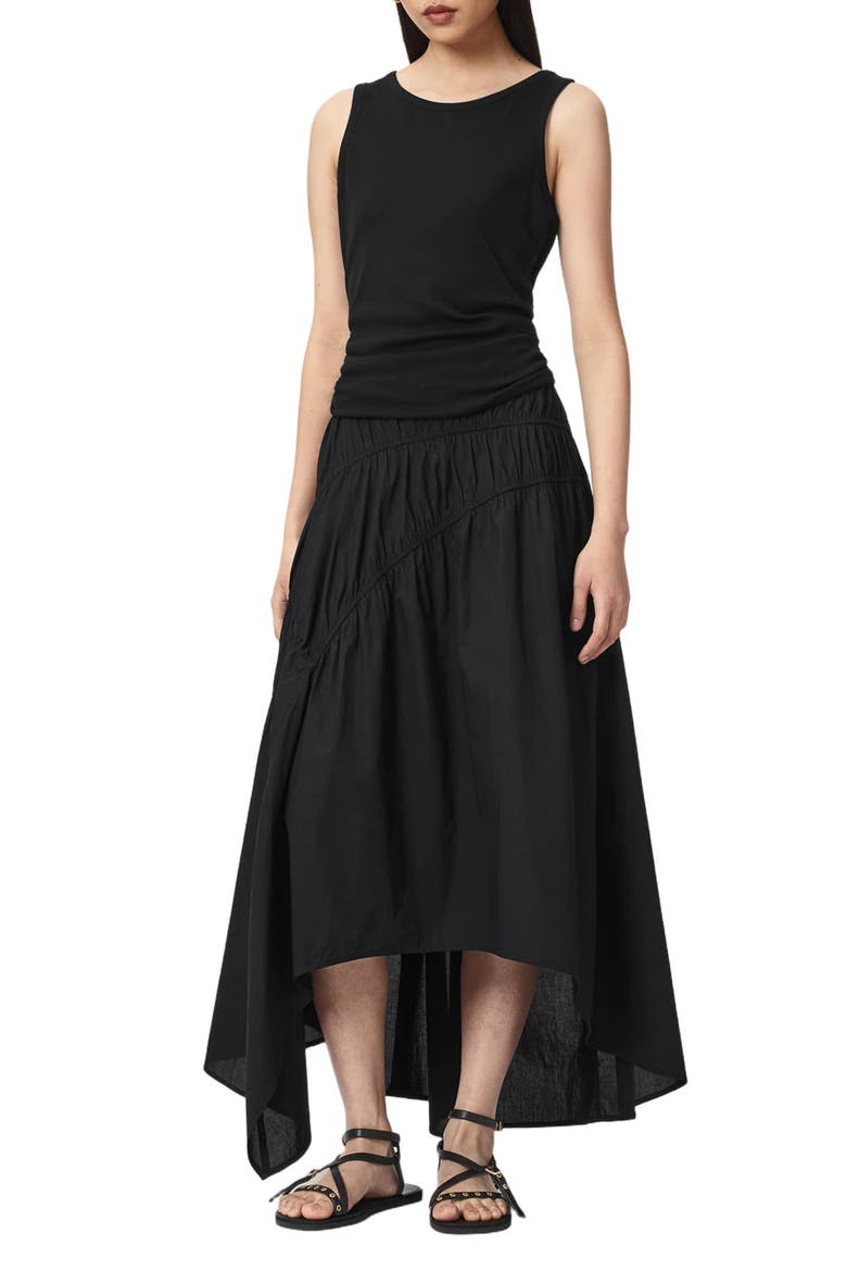 Nuria Ruched High-Low Midi Skirt, Alternate, color, BLACK