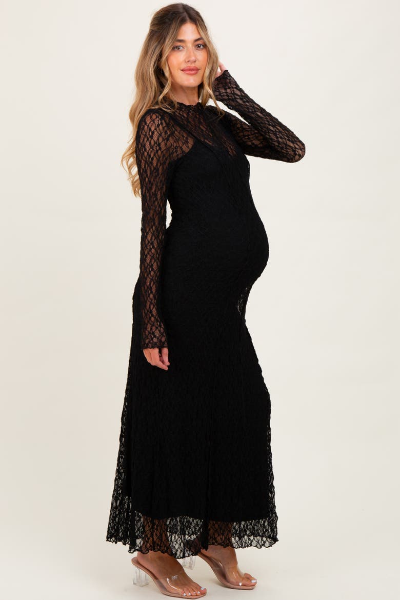 Lace Mock Neck Long Sleeve Maxi Dress, Alternate, color, Black