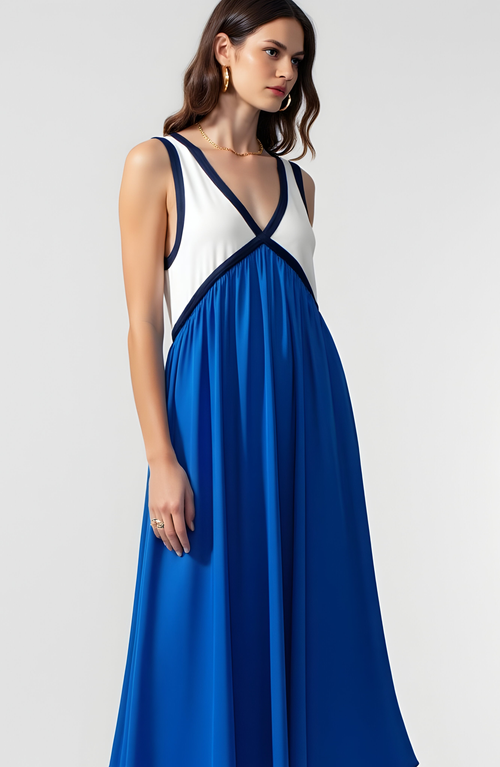Modenaire Sleeveless Colorblock Maxi Dress With Empire Waist And V-neckline In Blue