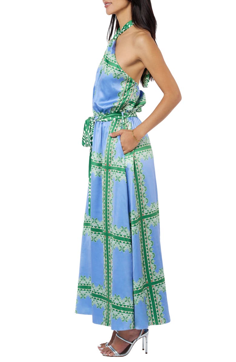 CIEBON Leche Scarf Print Halter Neck Satin Maxi Dress, Alternate, color, Blue Multi