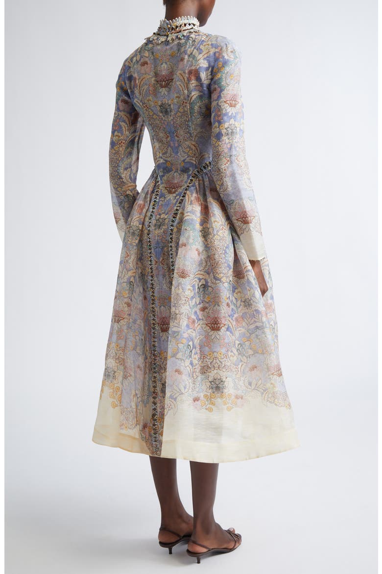 Rebellion Long Sleeve Beaded Linen & Silk Midi Dress, Alternate, color, BLUE FLORAL