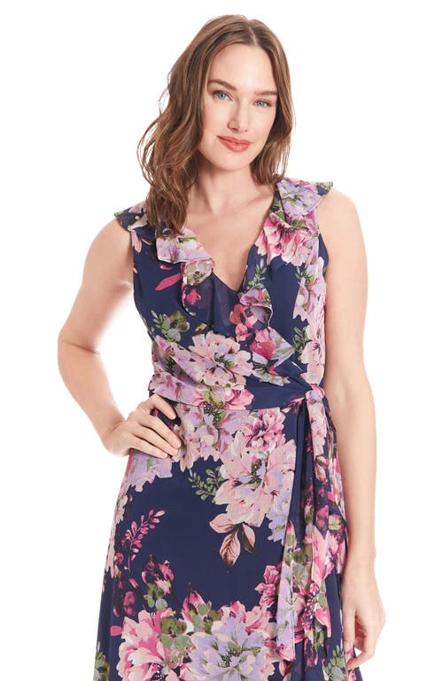 LONDON TIMES LONDON TIMES FLORAL RUFFLE SLEEVELESS CHIFFON FAUX WRAP DRESS