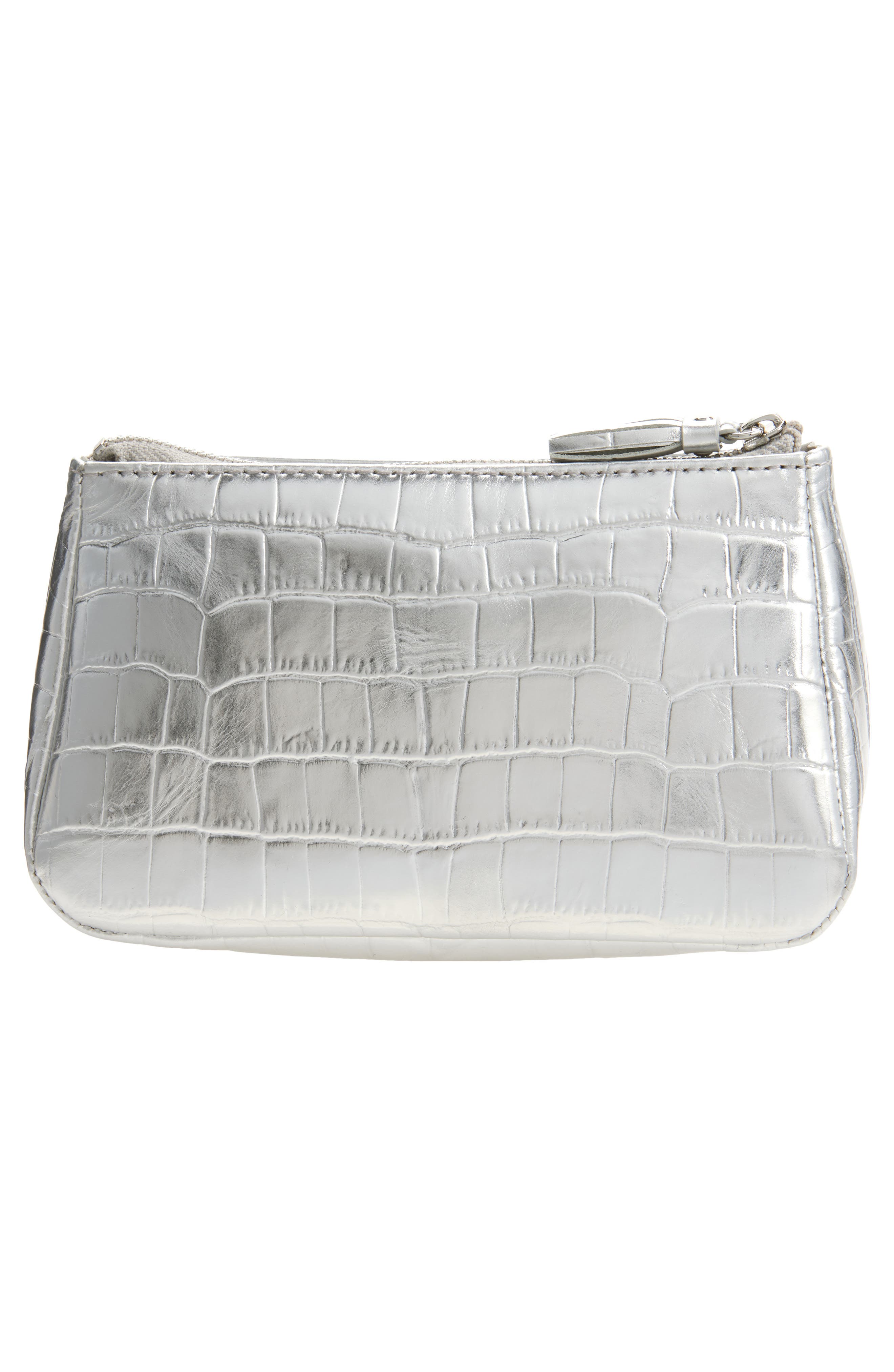 Small Luna Croc Embossed Metallic Leather Cosmetic Pouch, Alternate, color, SILVER CROC EFFECT