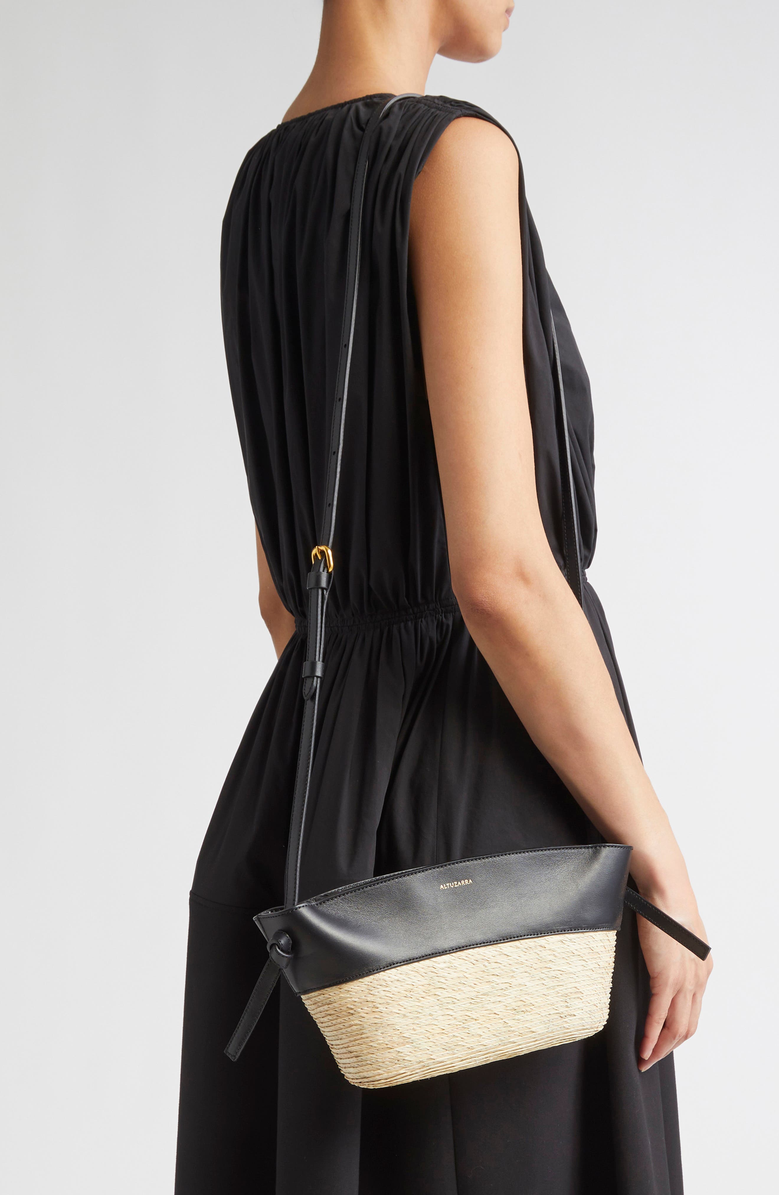 Altuzarra Knot Straw & Leather Crossbody Bag, Alternate, color, Black